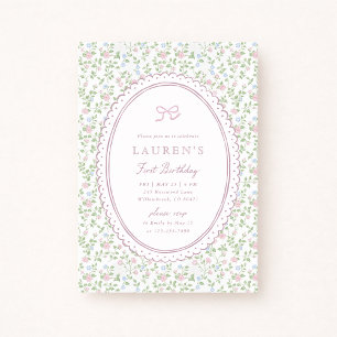Cottagecore Pink Bow Floral First Birthday Invitation