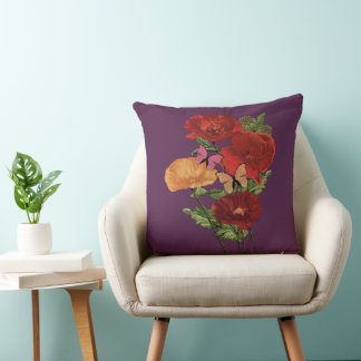Cottagecore Poppies And Butterflies Throw Pillow