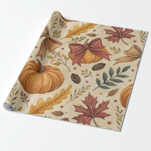 Cottagecore Pumpkin Floral Fall Pattern Wrapping Paper