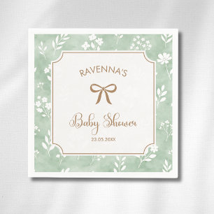 Cottagecore Sage White Floral Gold Bow Baby Shower Napkin