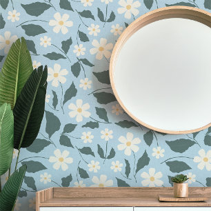 Cottagecore Sky Blue & White Daisy Floral Wallpaper