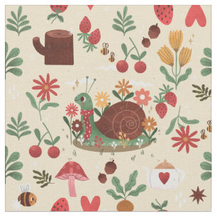 cottagecore snail nature floral garden teapot bees fabric