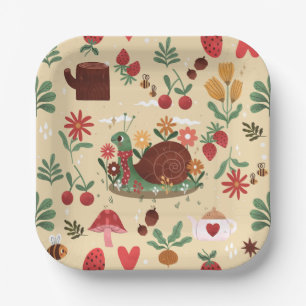 cottagecore snail nature floral garden teapot bees paper plate