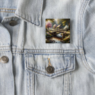 Cottagecore Spring Bridge Cottage Scene 2 Inch Square Button