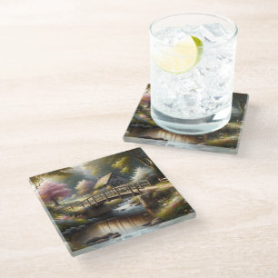 Cottagecore Spring Bridge Cottage Scene Glass Coaster