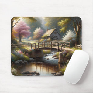 Cottagecore Spring Bridge Cottage Scene Mouse Pad