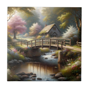 Cottagecore Spring Bridge Cottage Scene Tile