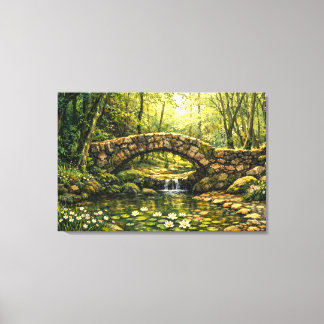 Cottagecore Stone Bridge and Stream Art Canvas Print