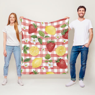 Cottagecore Strawberries & Lemons on Red Gingham Fleece Blanket