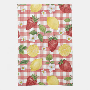 Cottagecore Strawberries & Lemons on Red Gingham Kitchen Towel