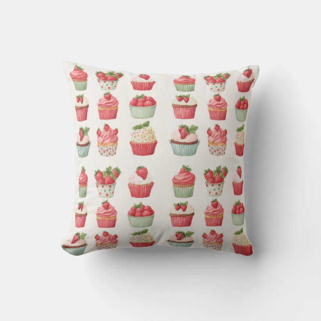 Cottagecore Strawberry Cupcake Throw Pillow (Front)