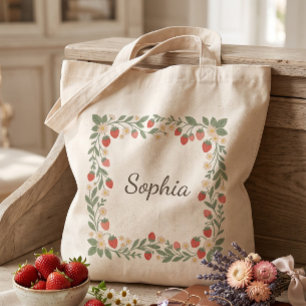 Cottagecore Strawberry Wreath Personalized Name Tote Bag