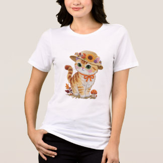 Cottagecore Tabby Cat with Autumn Leaves  Tri-Blend Shirt