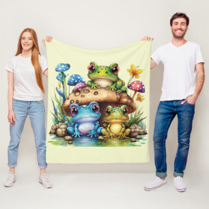 Cottagecore Toadstool Mushroom and Frog Fleece Blanket