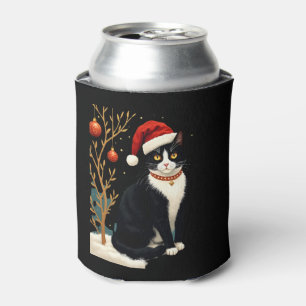 Cottagecore Tuxedo Cat Funny Xmas Aesthetic Santa  Can Cooler