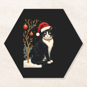Cottagecore Tuxedo Cat Funny Xmas Aesthetic Santa Paper Coaster