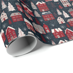 Cottagecore Vintage Christmas Houses Plaid Pattern Wrapping Paper