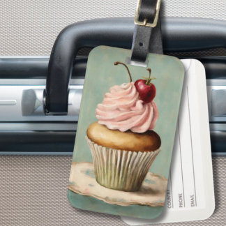 Cottagecore Vintage French Country Pink Cupcake Luggage Tag