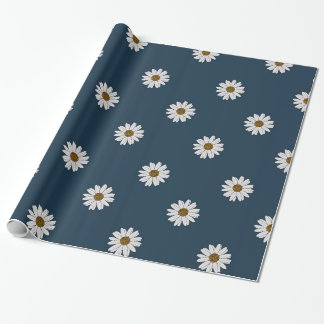 Cottagecore White Daises on Navy Background Wrapping Paper