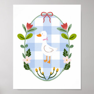 Cottagecore White Duck Illustration - Blue Gingham Poster