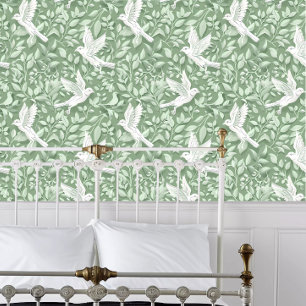 Cottagecore White Flying Birds on Green Wallpaper