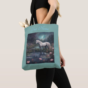 Cottagecore White Horse in a pond and flowers Tote Bag