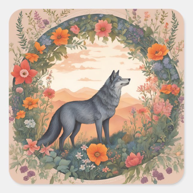 Cottagecore Wolf Square Sticker (Front)