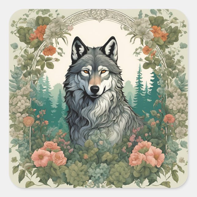Cottagecore Wolf Square Sticker (Front)