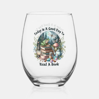 Cottagecore Woodlands Books, Frog Stemless Wine Glass