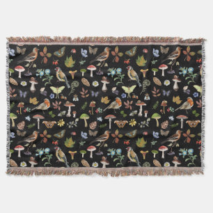Cottagecore woven blanket with forest birds print