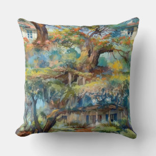 Cottages and Live Oaks with Spanish Moss Throw Pillow