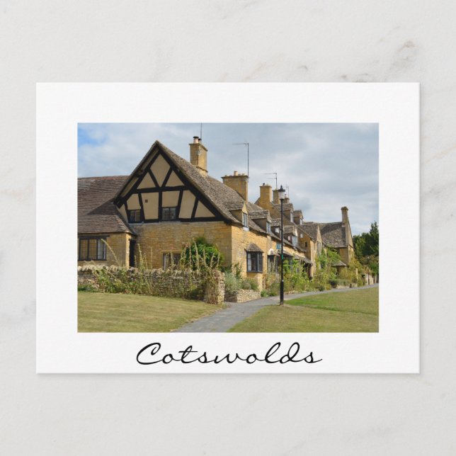 Cottages in Broadway, Cotswolds white text card (Front)