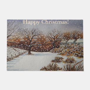 cottages winter landscape snow scene christmas doormat