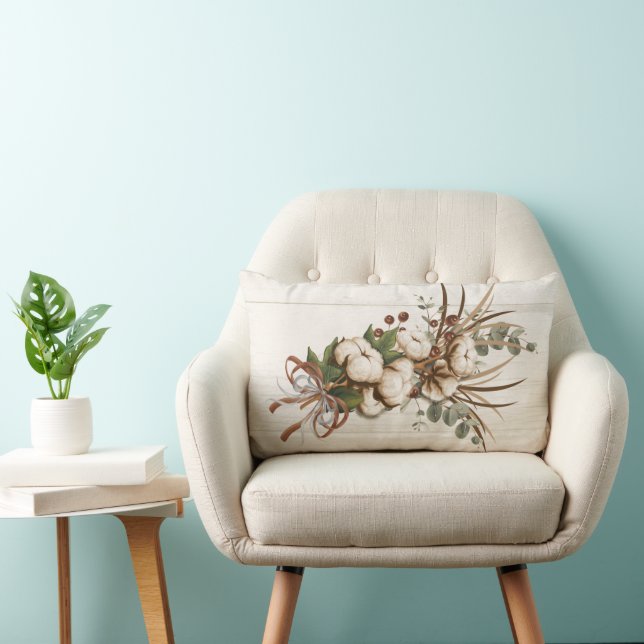Cotton Boll Plant Elegant Lumbar Throw Pillow