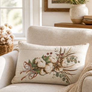 Cotton Boll Plant Elegant Lumbar Throw Pillow