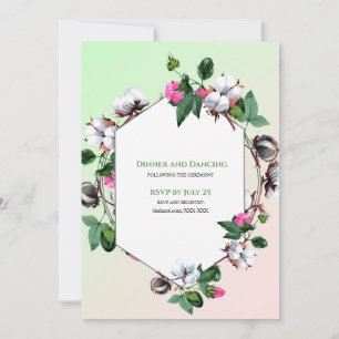 Cotton Bolls Floral Pink Green Wedding Invitation