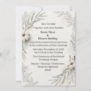 Cotton Bolls & Floral Save the Date Wedding Invitation