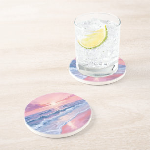 Cotton Candy Beach   Pink Ocean Waves Painting Coaster