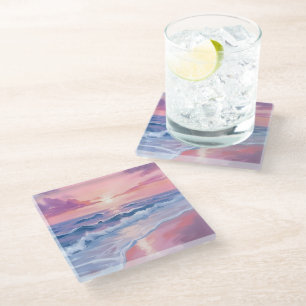 Cotton Candy Beach   Pink Ocean Waves Painting Glass Coaster