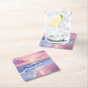 Cotton Candy Beach Pink Ocean Waves Painting Square Paper Coaster