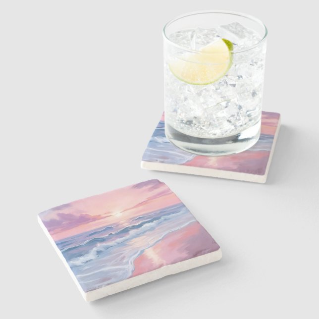Cotton Candy Beach | Pink Ocean Waves Painting Stone Coaster (Side)