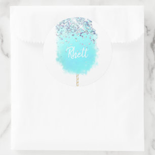 Cotton candy cute blue and silver glitter classic round sticker