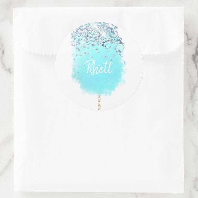 Cotton candy cute blue and silver glitter classic round sticker (Bag)