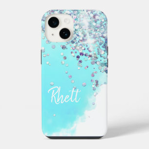 Cotton candy cute blue silver glitter watercolor iPhone 14 case