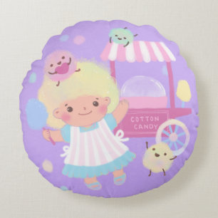 Cotton Candy Girl with Sweet Fluffy Monsters Round Pillow