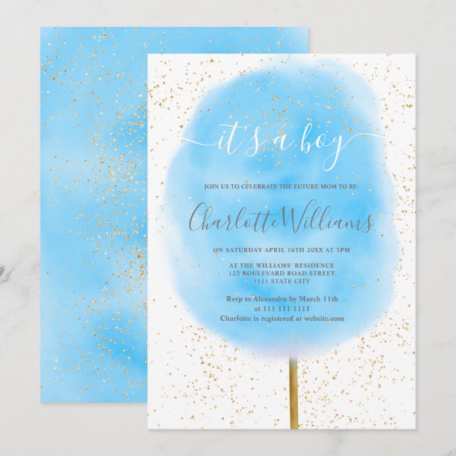 Cotton candy glitter blue watercolor baby shower invitation (Front/Back)