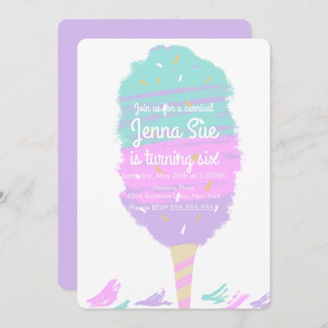 Cotton Candy Hand Drawn Carnival Birthday Invitation (Front/Back)