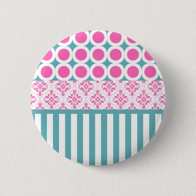 Cotton Candy Pink Blue Circles Stripes Damask Coll 2 Inch Round Button (Front)