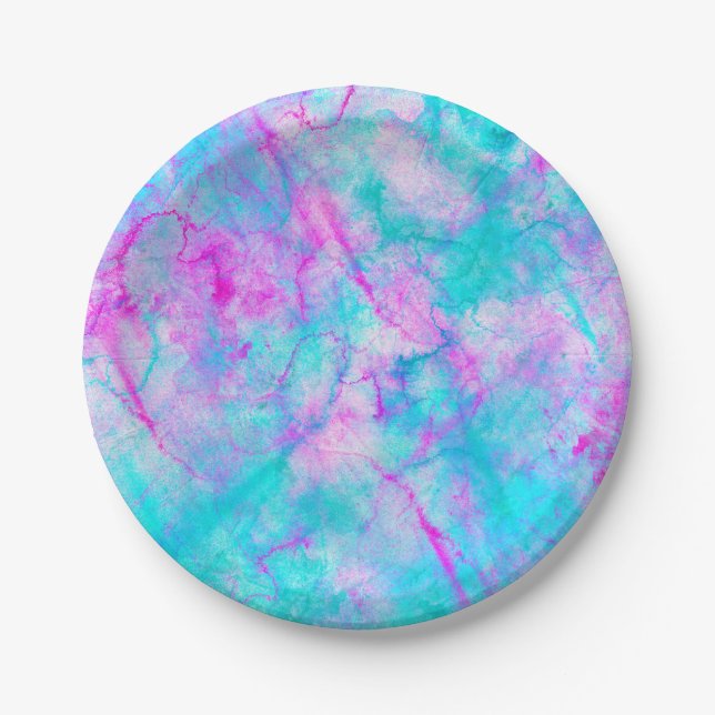 Cotton Candy Pink & Blue Watercolor Wash Stain Paper Plate (Front)