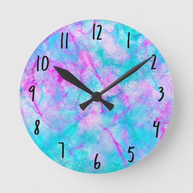 Cotton Candy Pink & Blue Watercolor Wash Stain Round Clock (Front)